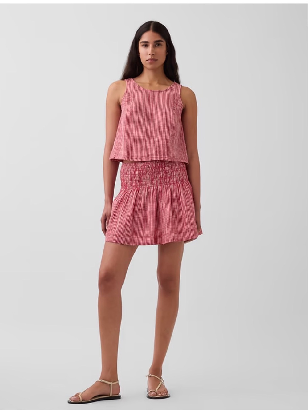 GAP Cotton Gauze Smocked-Waist Mini Skort & Top Set | Red Gingham | Medium